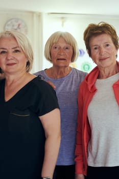 A vibrant community of senior women, guided by their instructor, embraces the enriching journey of yoga, fostering unity, well-being, and a shared commitment to active aging.