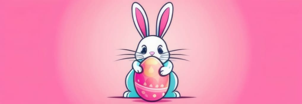 Happy Easter banner with cute Easter bunny hatching from pink Easter egg on pastel pink background. Illustration of Easter rabbit sitting in cracked eggshell. Happy Easter greeting card. Copy space