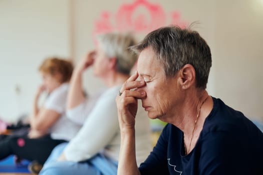 A group of senior women engage in various yoga exercises, including neck, back, and leg stretches, under the guidance of a trainer in a sunlit space, promoting well-being and harmony.