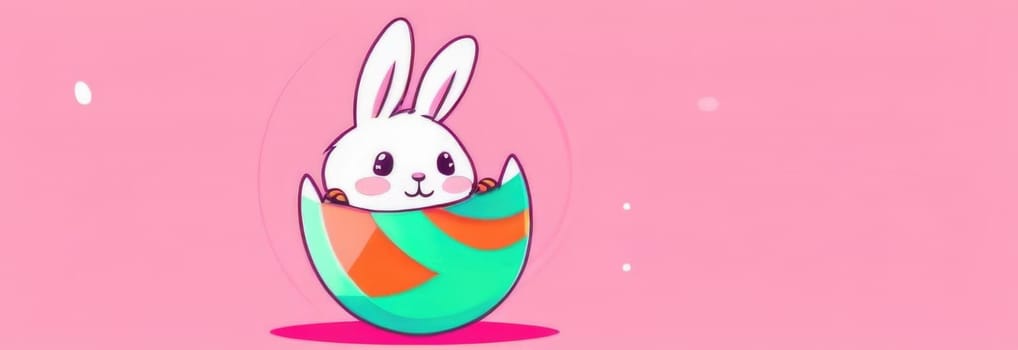 Happy Easter banner with cute Easter bunny hatching from pink Easter egg on pastel pink background. Illustration of Easter rabbit sitting in cracked eggshell. Happy Easter greeting card. Copy space