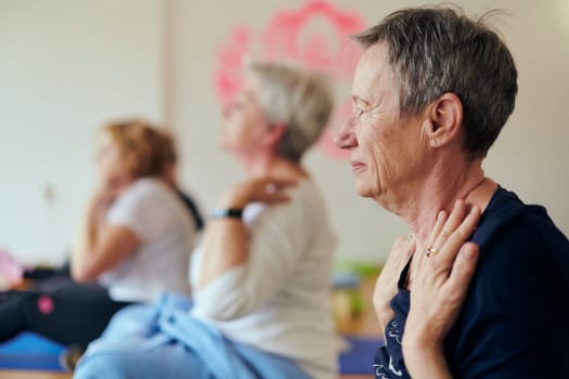 A group of senior women engage in various yoga exercises, including neck, back, and leg stretches, under the guidance of a trainer in a sunlit space, promoting well-being and harmony.