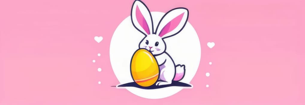 Happy Easter banner with cute Easter bunny hatching from pink Easter egg on pastel pink background. Illustration of Easter rabbit sitting in cracked eggshell. Happy Easter greeting card. Copy space