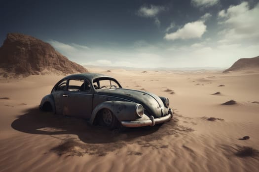 Abandoned car in desert sand. Old vehicle. Generate Ai