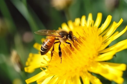 Bee collect nectar from yellow flower. Wild blossom. Generate Ai