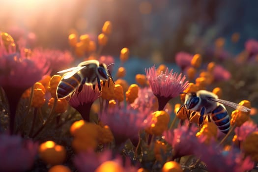 Bees on summer field. Nature flowers. Generate AI