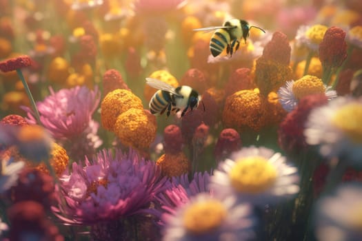 Bees on spring flowers. Natural blossom. Generate Ai