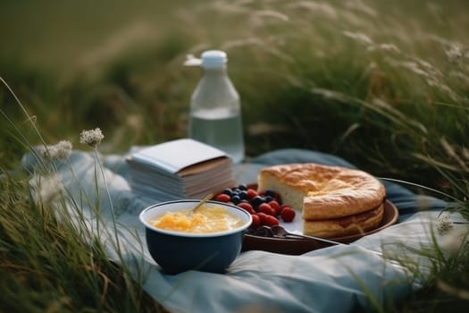 Breakfast on the ground. Nature grass. Generate Ai