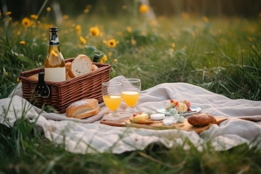 Romantic breakfast on green grass. Nature meal. Generate Ai