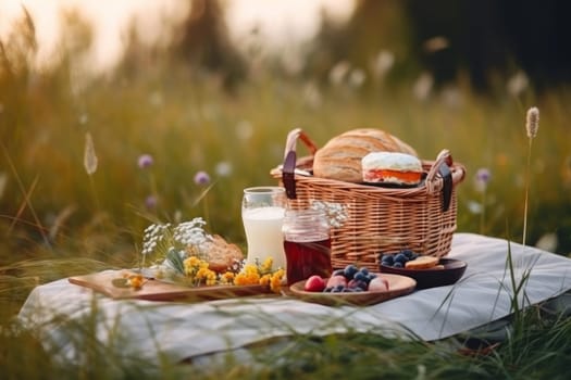 Milk morning breakfast on grass. Romantic summer. Generate Ai