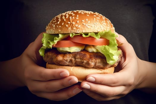 Burger in hands. Fast tasty food. Generate Ai