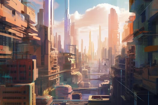 Futuristic city view in daylight. Urban air street. Generate Ai