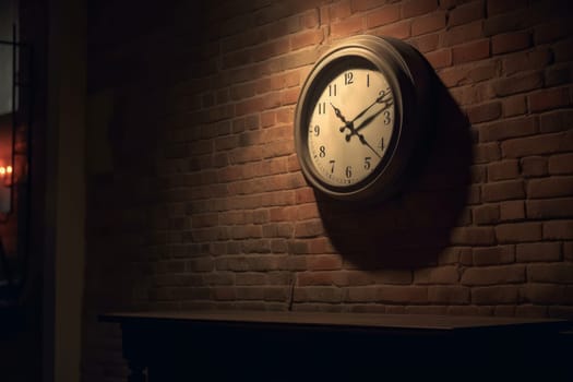 Old clock on brick wall. Retro time concept. Generate Ai