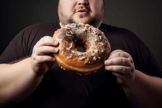Fat man holding big donut. Breakfast food. Generate Ai