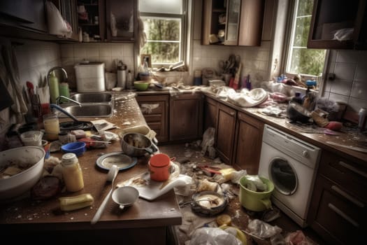 Kitchen messy dirty. Unclean wash. Generate Ai