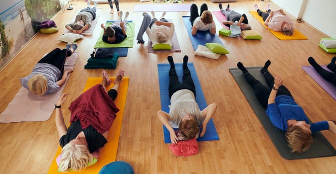 A group of senior women engage in various yoga exercises, including neck, back, and leg stretches, under the guidance of a trainer in a sunlit space, promoting well-being and harmony.