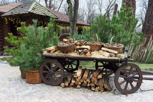an old village cart with firewood in the market. photo