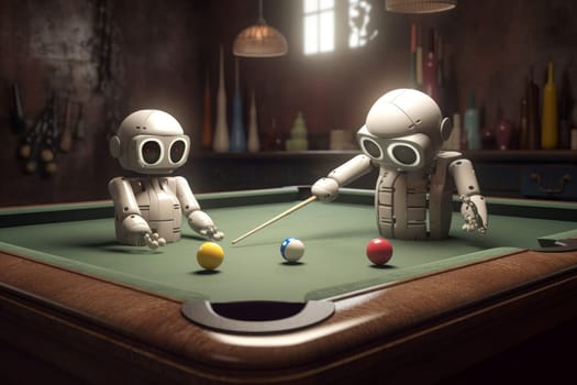 Cute robots play pool. Snooker table. Generate Ai