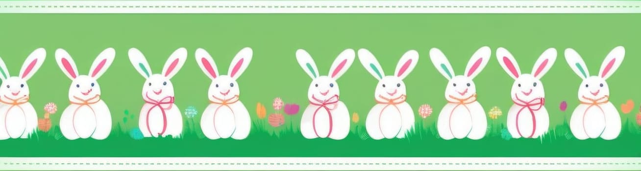 Holiday celebration banner of cute Easter decorated eggs cute Easter bunnys. Illustration of Easter rabbits, eggs on green background.Happy Easter greeting card, banner, festive background. Copy space