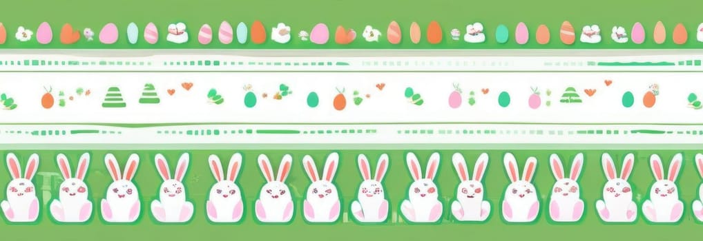 Holiday celebration banner of cute Easter decorated eggs cute Easter bunnys. Illustration of Easter rabbits, eggs on green background.Happy Easter greeting card, banner, festive background. Copy space