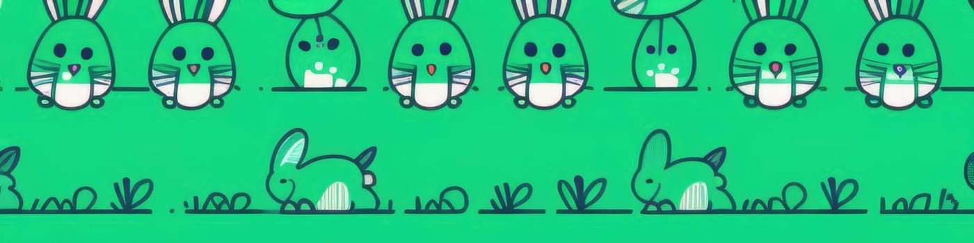 Holiday celebration banner of cute Easter decorated eggs cute Easter bunnys. Illustration of Easter rabbits, eggs on green background.Happy Easter greeting card, banner, festive background. Copy space