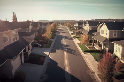 Evening suburban street. New family home. Generate Ai