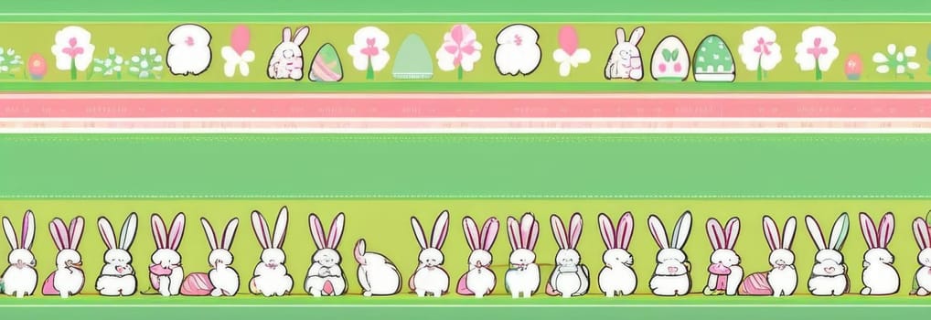 Holiday celebration banner of cute Easter decorated eggs cute Easter bunnys. Illustration of Easter rabbits, eggs on green background.Happy Easter greeting card, banner, festive background. Copy space