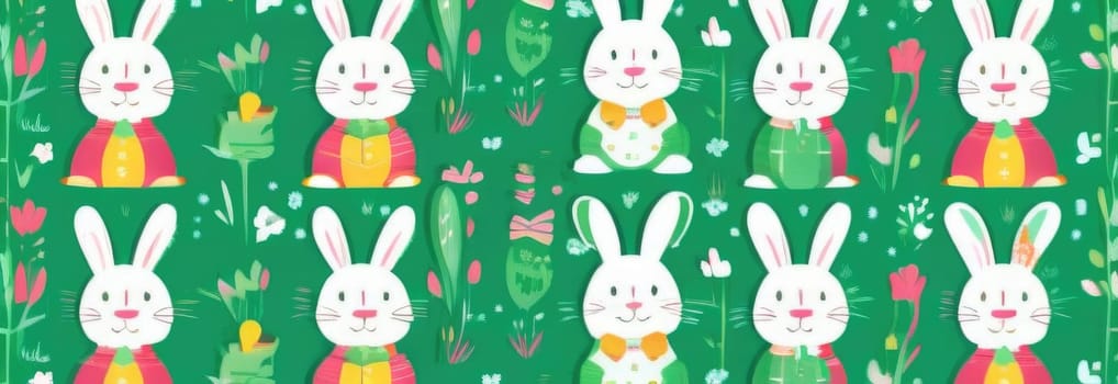 Holiday celebration banner of cute Easter decorated eggs cute Easter bunnys. Illustration of Easter rabbits, eggs on green background.Happy Easter greeting card, banner, festive background. Copy space