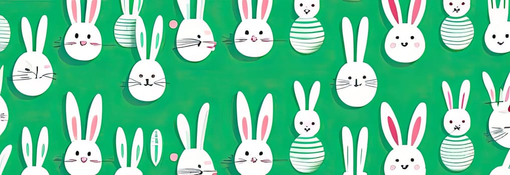 Holiday celebration banner of cute Easter decorated eggs cute Easter bunnys. Illustration of Easter rabbits, eggs on green background.Happy Easter greeting card, banner, festive background. Copy space