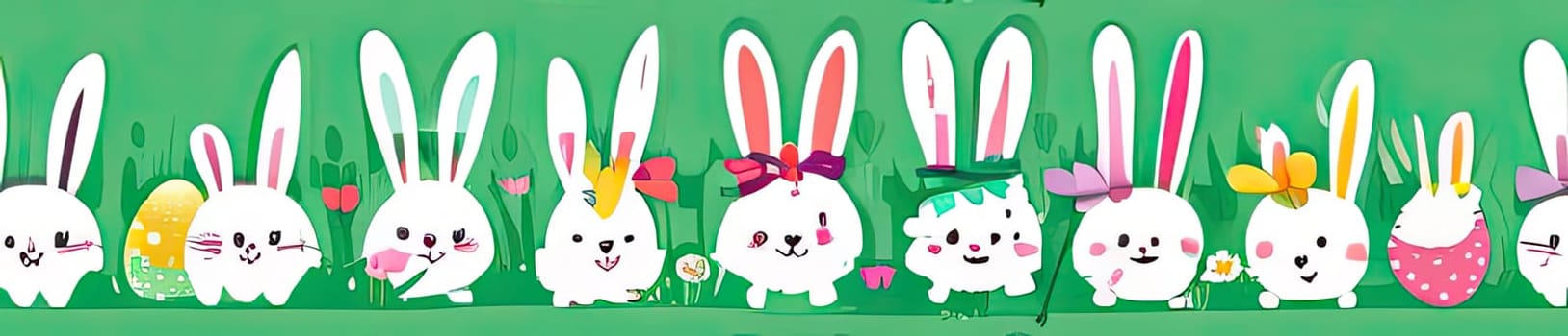 Holiday celebration banner of cute Easter decorated eggs cute Easter bunnys. Illustration of Easter rabbits, eggs on green background.Happy Easter greeting card, banner, festive background. Copy space