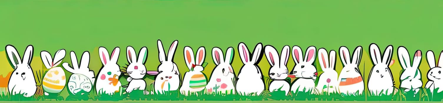 Holiday celebration banner of cute Easter decorated eggs cute Easter bunnys. Illustration of Easter rabbits, eggs on green background.Happy Easter greeting card, banner, festive background. Copy space