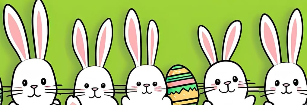 Holiday celebration banner of cute Easter decorated eggs cute Easter bunnys. Illustration of Easter rabbits, eggs on green background.Happy Easter greeting card, banner, festive background. Copy space