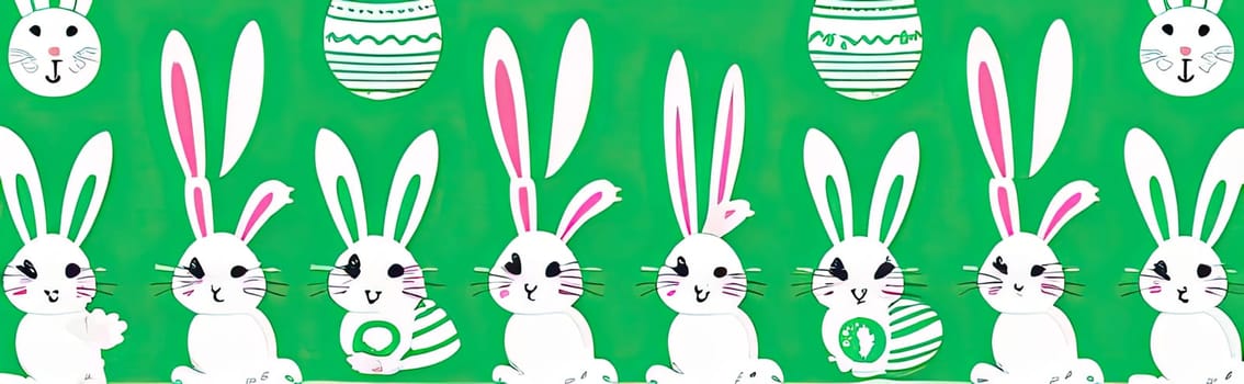 Holiday celebration banner of cute Easter decorated eggs cute Easter bunnys. Illustration of Easter rabbits, eggs on green background.Happy Easter greeting card, banner, festive background. Copy space