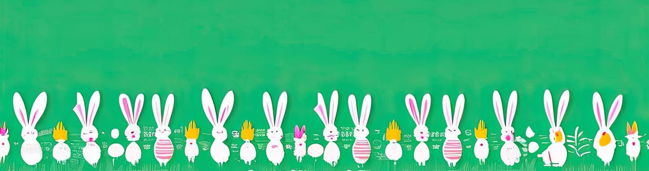 Holiday celebration banner of cute Easter decorated eggs cute Easter bunnys. Illustration of Easter rabbits, eggs on green background.Happy Easter greeting card, banner, festive background. Copy space