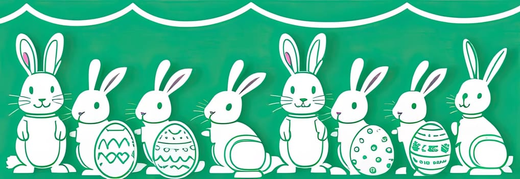 Holiday celebration banner of cute Easter decorated eggs cute Easter bunnys. Illustration of Easter rabbits, eggs on green background.Happy Easter greeting card, banner, festive background. Copy space