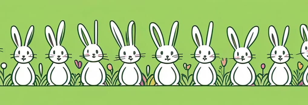 Holiday celebration banner of cute Easter decorated eggs cute Easter bunnys. Illustration of Easter rabbits, eggs on green background.Happy Easter greeting card, banner, festive background. Copy space