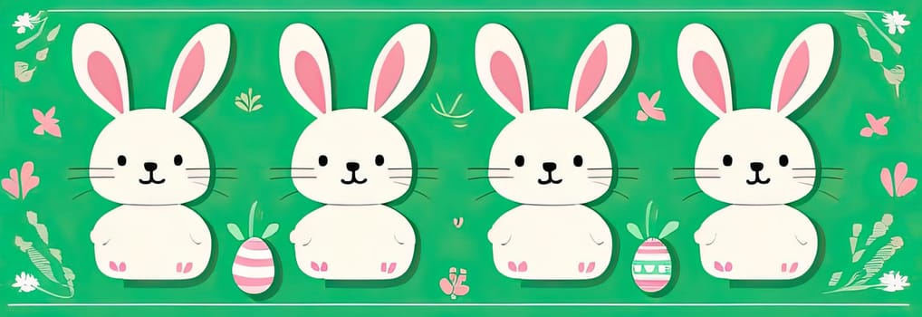 Holiday celebration banner of cute Easter decorated eggs cute Easter bunnys. Illustration of Easter rabbits, eggs on green background.Happy Easter greeting card, banner, festive background. Copy space