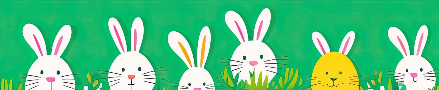 Holiday celebration banner of cute Easter decorated eggs cute Easter bunnys. Illustration of Easter rabbits, eggs on green background.Happy Easter greeting card, banner, festive background. Copy space