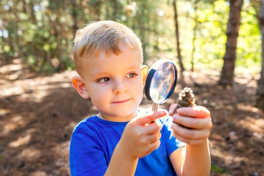 Curious boy is exploring nature with magnifying glass outdoors.