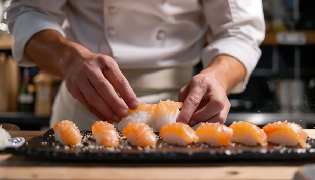 Chef hands cooking nigiri sushi. Male chef hands preparing nigiri sushi with salmon on white board. The process of sushi making.