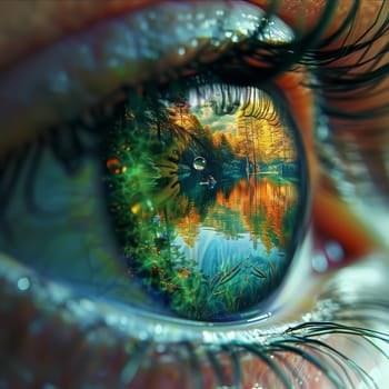 Blue human eye extreme macro shot, vivid colors, nature, refraction of light, lake in the eye or reflection of the jungle on the water