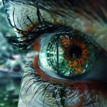 Blue human eye extreme macro shot, vivid colors, nature, refraction of light, lake in the eye or reflection of the jungle on the water