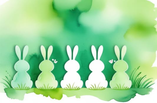 Holiday celebration banner of cute Easter decorated eggs cute Easter bunnys. Illustration of Easter rabbits, eggs on green background.Happy Easter greeting card, banner, festive background. Copy space