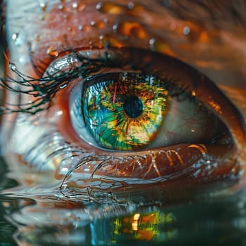 Blue human eye extreme macro shot, vivid colors, nature, refraction of light, lake in the eye or reflection of the jungle on the water