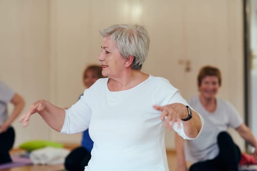 A group of senior women engage in various yoga exercises, including neck, back, and leg stretches, under the guidance of a trainer in a sunlit space, promoting well-being and harmony.