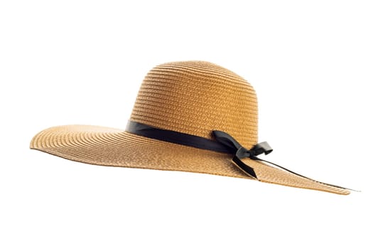 Womens summer yellow straw hat with black ribbon, isolated on white background.