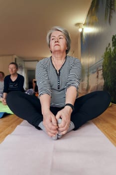 An elderly woman gracefully engages in various yoga poses, stretching her limbs and finding serenity in a modern sunlit space under the guidance of a trained instructor, embodying the essence of active and mindful aging.