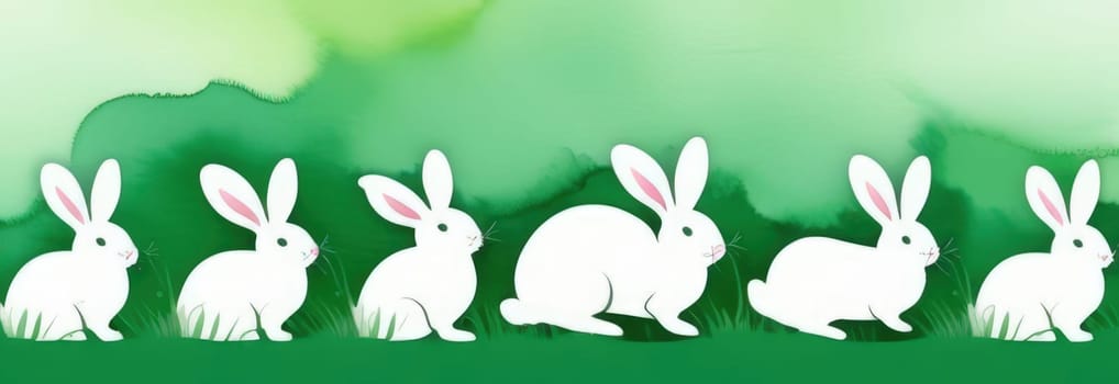 Holiday celebration banner of cute Easter decorated eggs cute Easter bunnys. Illustration of Easter rabbits, eggs on green background.Happy Easter greeting card, banner, festive background. Copy space