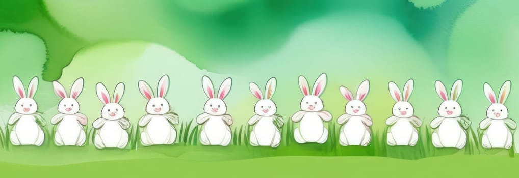 Holiday celebration banner of cute Easter decorated eggs cute Easter bunnys. Illustration of Easter rabbits, eggs on green background.Happy Easter greeting card, banner, festive background. Copy space