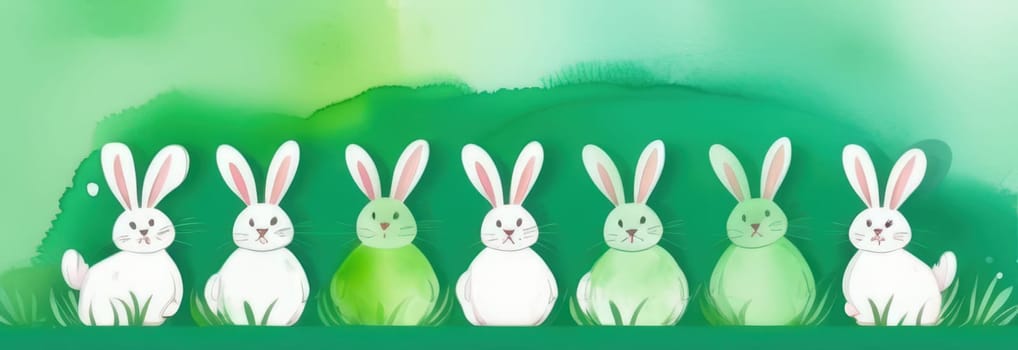 Holiday celebration banner of cute Easter decorated eggs cute Easter bunnys. Illustration of Easter rabbits, eggs on green background.Happy Easter greeting card, banner, festive background. Copy space