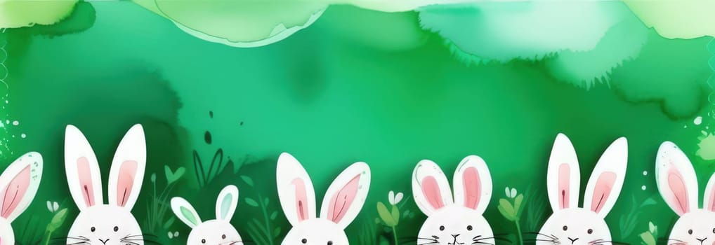 Holiday celebration banner of cute Easter decorated eggs cute Easter bunnys. Illustration of Easter rabbits, eggs on green background.Happy Easter greeting card, banner, festive background. Copy space